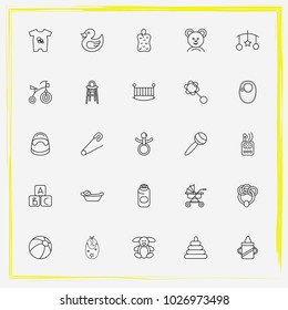 Baby Care line icon set bib, stroller and teddy bear