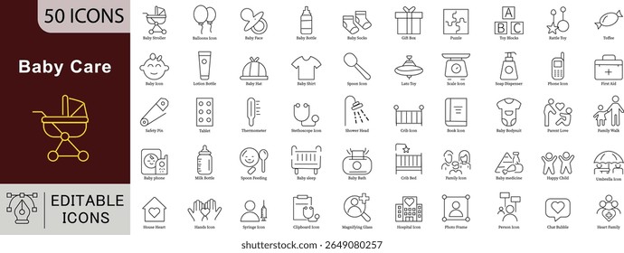 Baby Care Line Icons: Newborn, Nursery, Parenthood and Childhood Essentials
