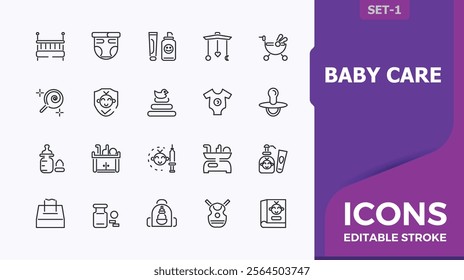 Baby Care line icons set. It contains symbols to Babies Care, food, diaper, toy, milk, boy and more. Perfect for logos and infographics. Vector illustration.