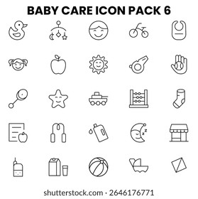 Conjunto de ícones de linha de cuidado do bebê 6 - Ilustração vetorial de brinquedos, fraldas, garrafas e carrinho de bebê no layout de grade	