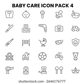 Conjunto de ícones de linha de cuidado do bebê 4 - Ilustração vetorial de brinquedos, fraldas, garrafas e carrinho de bebê no layout de grade	