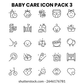Conjunto de ícones de linha de cuidado do bebê 6 - Ilustração vetorial de brinquedos, fraldas, garrafas e carrinho de bebê no layout de grade	