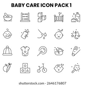 Baby Care Line Icons Set 6 – Vector Illustration of Toys, Diapers, Bottles and Stroller in Grid Layout	