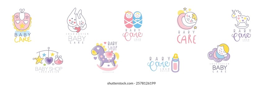 Baby Care Logo Design with Cute Element Vector Set