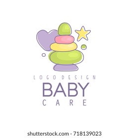 Baby care logo design, emblem with colorful pyramid toy, label for baby products store, toys shop and any other children projects vector Illustration