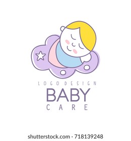 Baby care logo design, emblem with cute sleeping baby, label for kids club, baby or toys shop and any other children projects colorful vector Illustration