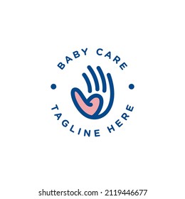 baby care logo design illustration with love heart symbol and hand