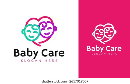 Baby care logo design. Symbol with two baby icon and line style for newborn support icon. Love kids vector illustration