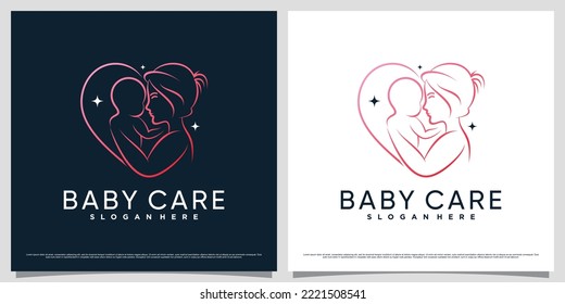 Baby care logo design template with line art style and heart shaped