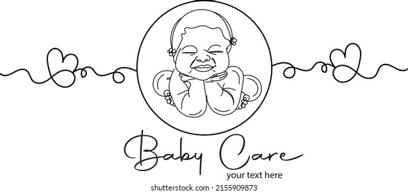 Baby Care logo, kids logo silhouette, outline sketch drawing of cute new born baby, line art illustration of new child, Children sketch