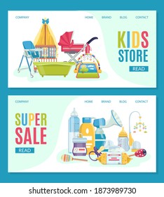 Baby Care Objects Items Shop, Vector Illustration. Sale Accessories For Newborn Infant, Toys, Pacifier, Retail. Colorful Banner, Set Discount Icon For Child. Modern Family Lifestyle Concept.