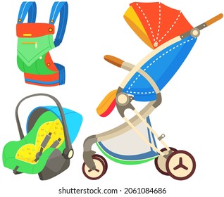 Baby care objects, newborn items supplies, set of icons vector illustration. Devices for convenient transportation of child. Stroller, car seat and baby carrier for transporting children safety