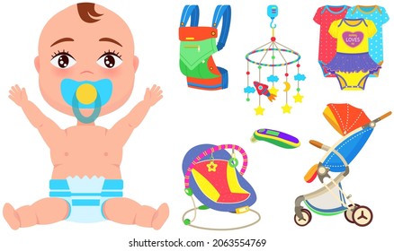 Baby care objects, newborn items supplies, set of icons. Devices for mother and child. Baby with pacifier sitting near clothing for children, developing toys and items for transporting kids