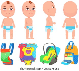 Baby care objects, newborn items supplies, set of icons. Devices for pastime of mother with child and illustration of baby from different angles. Clothes, carriers and backpack with feeding bottles