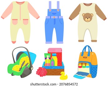 Baby care objects, newborn items supplies, set of icons. Objects for convenient pastime with child. Clothing for children, long sleeve jumpsuits near car seat, bath accessories, backpack with bottles