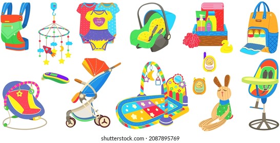 Baby care objects, newborn items supplies, set of icons. Devices for convenient pastime of mother with child. Clothing for children, educational, developing toys and items for transporting baby