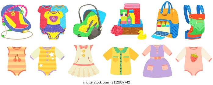 Objetos de cuidado del bebé, suministros de artículos recién nacidos, conjunto de iconos. Objetos para un pasatiempo conveniente con secundario. Ropa para niños, traje de salto, vestido, traje corporal cerca del desarrollo de juguetes, artículos para bebés, niño pequeño