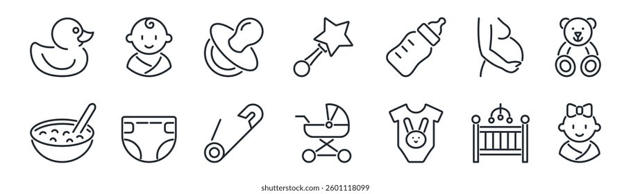 Baby care outline icons set isolated on white background