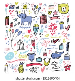 Baby care products hand drawn illustrations set. Baby shower party accessories vector cliparts. Cute cartoon whale, elephant stickers. Child, kid doodle. Newborn bodysuit invitation design element