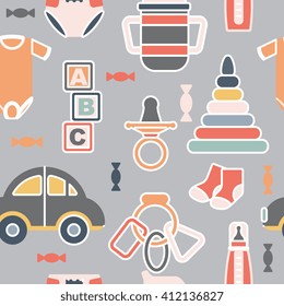 Baby care products and items - seamless pattern. Vector illustration in modern flat style. For background, paper, textile. Children toys, clothes, bottle, buggy. 