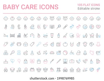 Baby care and safety big icon set. Editable vector stroke. 64x64 Pixel Perfect.