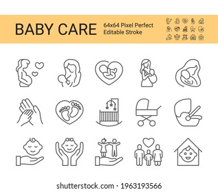 Baby care and safety icon set. Editable vector stroke. 64x64 Pixel Perfect.