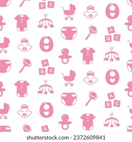 Baby care seamless pattern with linear doodle icons. Newborn background texture. Goods for kids, infant accessories print vector illustration for nursery textile, wallpaper, wrapping paper