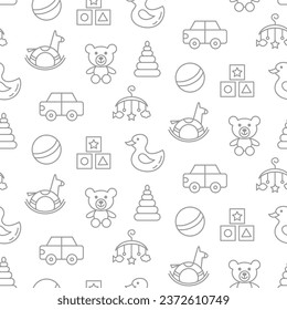 Baby care seamless pattern with linear doodle icons. Newborn background texture. Goods for kids, infant accessories print vector illustration for nursery textile, wallpaper, wrapping paper
