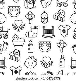 Baby care seamless pattern with thin line icons: newborn, diaper, pacifier, crib, footprints, bathtub with bubbles. Vector illustration for background.