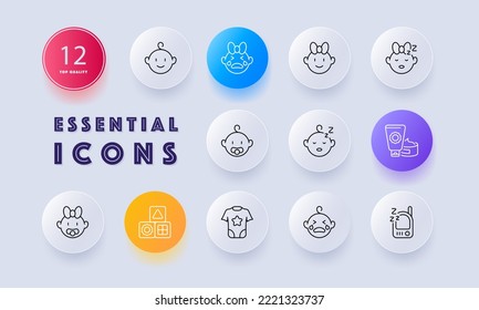 Baby care set. Kid, stroller, bottle, cubes, mirror, duck toy, diapers, nappy, pacifier, baby cream, baby romper, socks, baby monitor. Child concept. Neomorphism style. Vector line icon