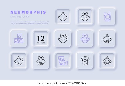Baby care set. Kid, stroller, bottle, cubes, mirror, duck toy, diapers, nappy, pacifier, baby cream, baby romper, socks, baby monitor. Child concept. Neomorphism. Vector line icon