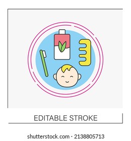  Baby care set line icon. Baby care equipment. Childhood. Vector isolated conception metaphor illustration.Editable stroke