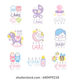 Baby Care Set For Logo Design, Hand Drawn Vector Illustrations