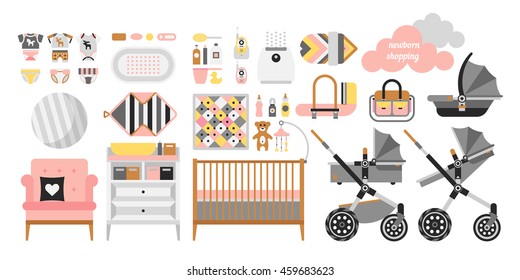 Baby care set. Vector products for a newborn. Cribs, baby stroller, childrens clothing, toys and other baby stuff for a newborn. Vector baby shower stuff.