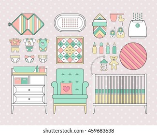 Baby care set. Vector products for a newborn.