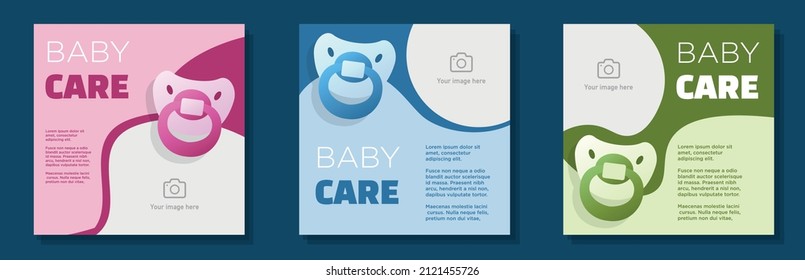 Baby care social media post, square banner set, boy and girl dummy advertisement concept, kids support marketing ad, abstract modern flyer, isolated on background.