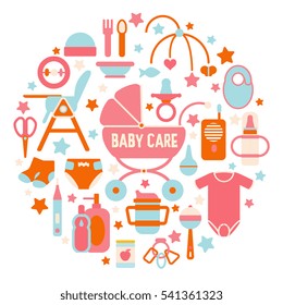 Baby Care Supplies In Circle - Concept Illustration For Cover, Emblem, Badge.. Set Of Vector Icons In Modern Line Art Style, Colorful Elements Isolated On White Background For Your Design. 