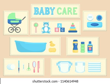 Baby care supplies. Cute baby care infographic. Vector illustration.