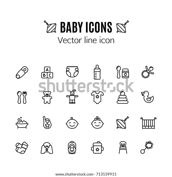 Baby care thin line icon set.\
Outline stroke feeding, game, bathing pictograms. Pin, car seat,\
highchair, baby monitor, baby food and other baby\
accessories