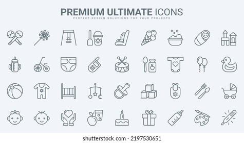 Baby care thin line icons set vector illustration. Abstract outline toys and rattle for game activity of kid, nappy diaper and pacifier for newborn, bed carriage for infant child, girl and boy faces