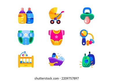 Baby care tools set vector illustration. Collection of newborn baby care products. Toys and accessory for baby. Childhood and childbearing concept