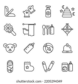 Baby care toys, kid feeding icons set. Set of editable stroke icons.Vector set of Baby care toys, kid feeding