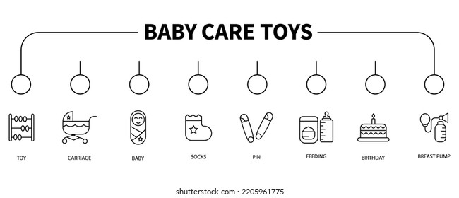 Baby care toys, kid feeding banner web icon vector illustration concept