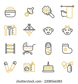Baby care toys, kid feeding icons set. Set of editable stroke icons.Vector set of Baby care toys, kid feeding