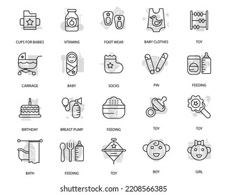 Baby care toys, kid feeding icons set. Set of editable stroke icons.Vector set of Baby care toys, kid feeding