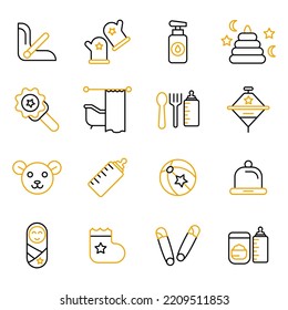 Baby care toys, kid feeding icons set. Set of editable stroke icons.Vector set of Baby care toys, kid feeding