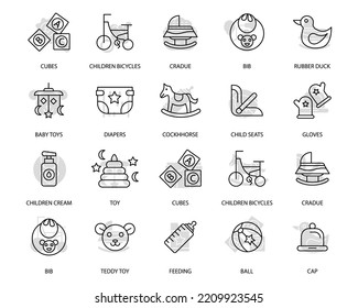 Baby care toys, kid feeding icons set. Set of editable stroke icons.Vector set of Baby care toys, kid feeding