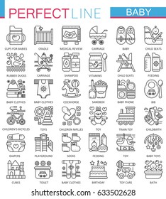 Baby care toys, kid feeding concept symbols. Perfect stroke thin line icons. Modern linear style illustrations set.