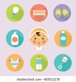 Baby care vector flat icons set with pretty newborn  baby portrait and objects, toys, clothes. 