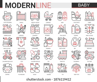 Baby care web icon vector illustration set. Red black complex thin line design of newborn infant child, baby accessories, clothes and toys. Maternity and childhood outline collection.